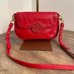Tory Burch Amanda Mini Crossbody Bag Red Pebbled Leather Gold Logo With COA 7252